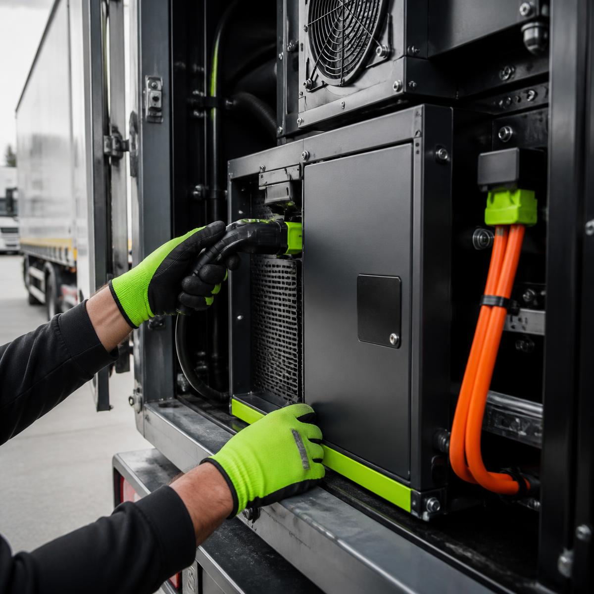 Engineer installing a battery-powered refrigeration system